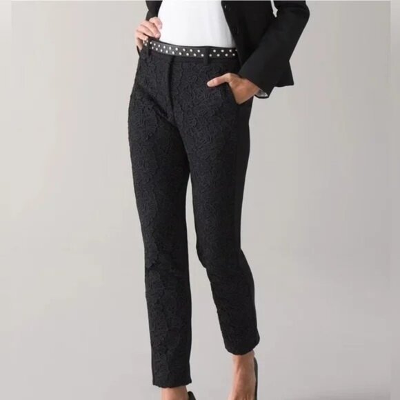 White House Black Market Floral Lace Slim Ankle Pant Women 4 Petite Black Career - Picture 1 of 8